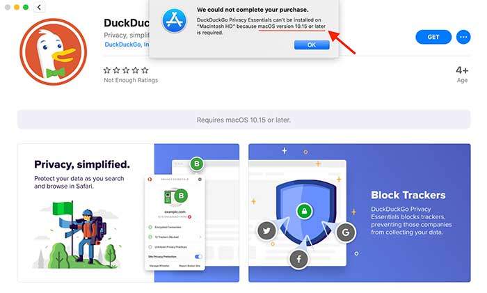 duckduckgo extension works only with macos catalina