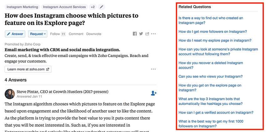 Quora search and related questions to find new blog post ideas