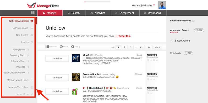 manageflitter filters twitter followers