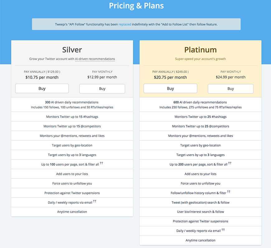 tweepi pricing plans, monthly plans